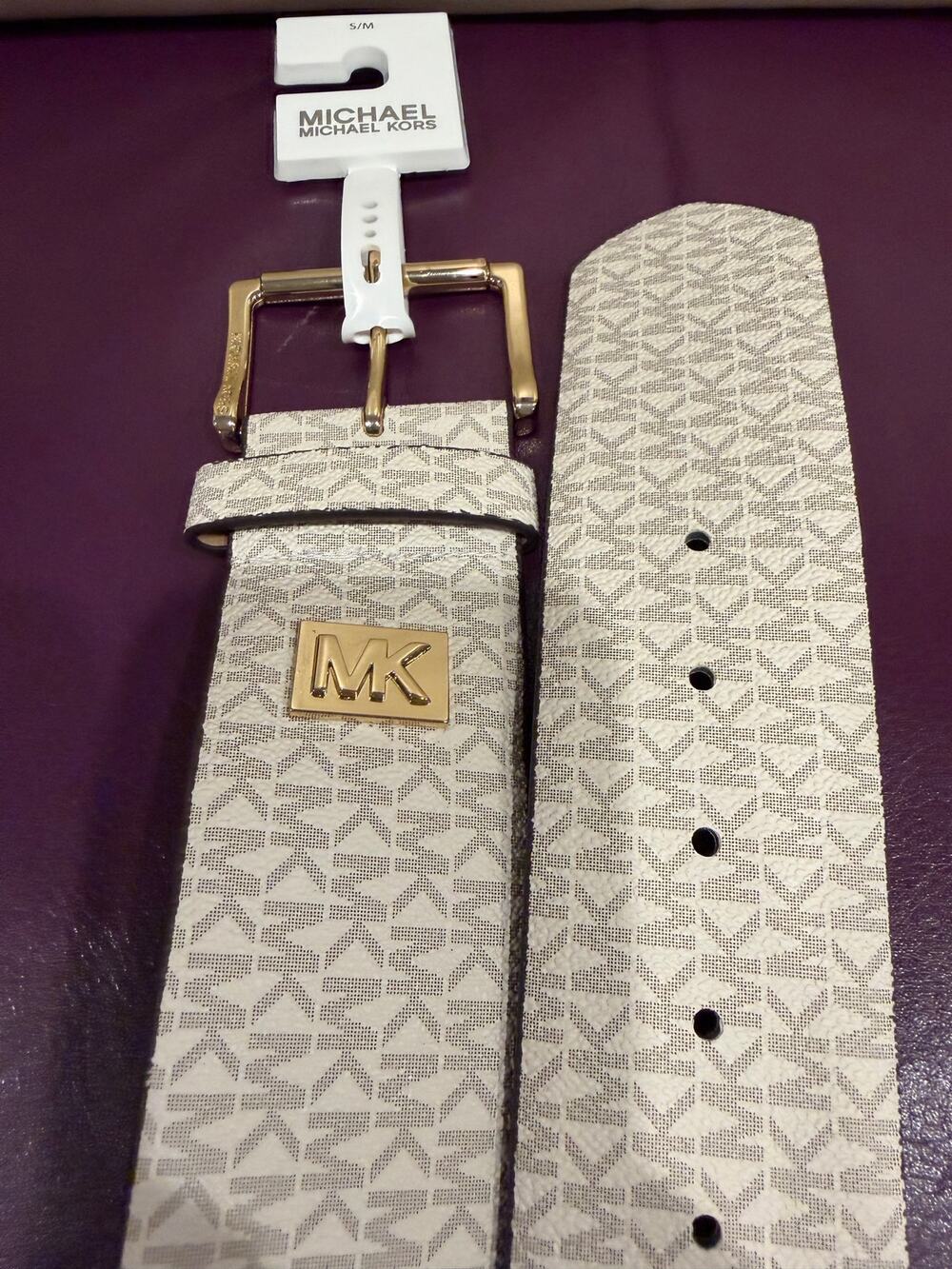 Michael Kors NWT women's stretch belt white signature logo monogram design S/M
